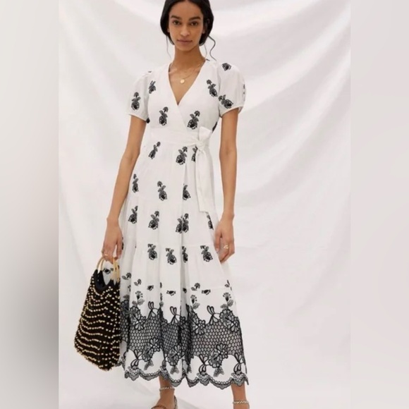 Anthropologie Not So Serious Pallavi Mohan Embroidered Wrap Midi Dress M NWT - Picture 1 of 9